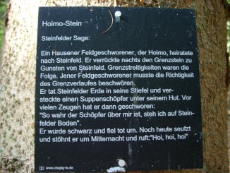 Hoimo-Stein Steinfelder Sage: Ein Hausener Feldgeschworener, der Hoimo, heiratete nach Steinfeld. Er verrückte nachts den Grenzstein zu Gunsten von Steinfeld. Grenzstreitigkeiten waren die Folge. Jener Feldgeschworener musste die Richtigkeit des Grenzverlaufes beschwören. Er tag Steinfelder Erde in seine Stiefel und versteckte einen Suppenschöpfer unter seinem Hut. Vor vielen Zeugen hat er dann geschworen: "So wahr der Schöpfer über mir ist, steh ich auf Steinfelder Boden". Er wurde schwarz und fiel tot um. Noch heute seufzt und stöhnt er um Mitternacht und ruft: "Hoi, hoi, hoi"